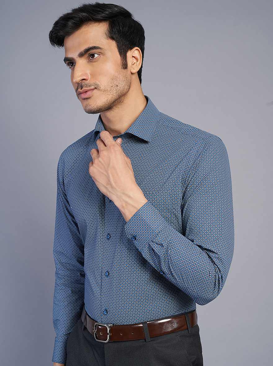 Blue Printed Slim Fit Formal Shirt | Greenfibre