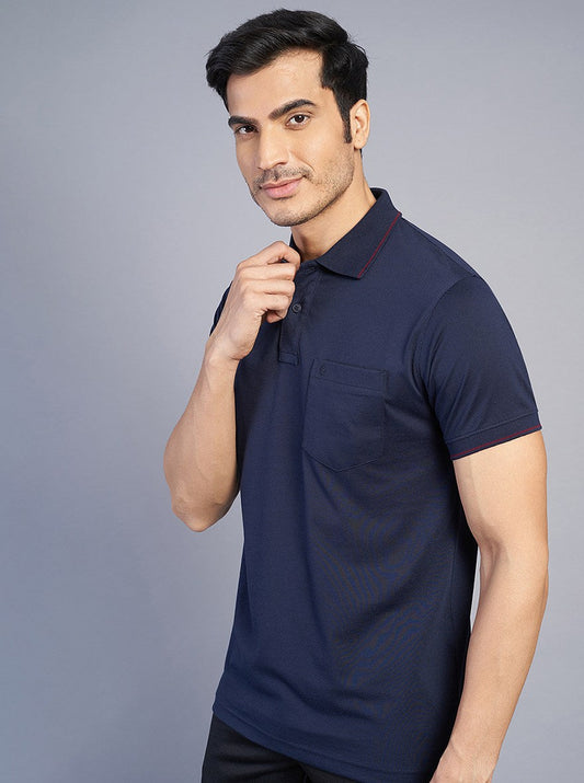Navy Blue Solid Slim Fit Polo T-Shirt | Greenfibre