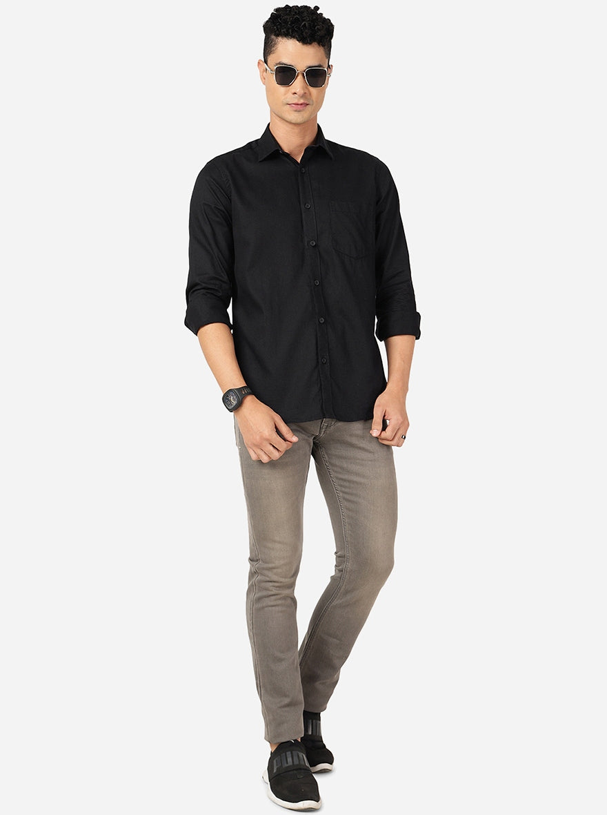 Black Solid Slim Fit Semi Casual Shirt | Greenfibre