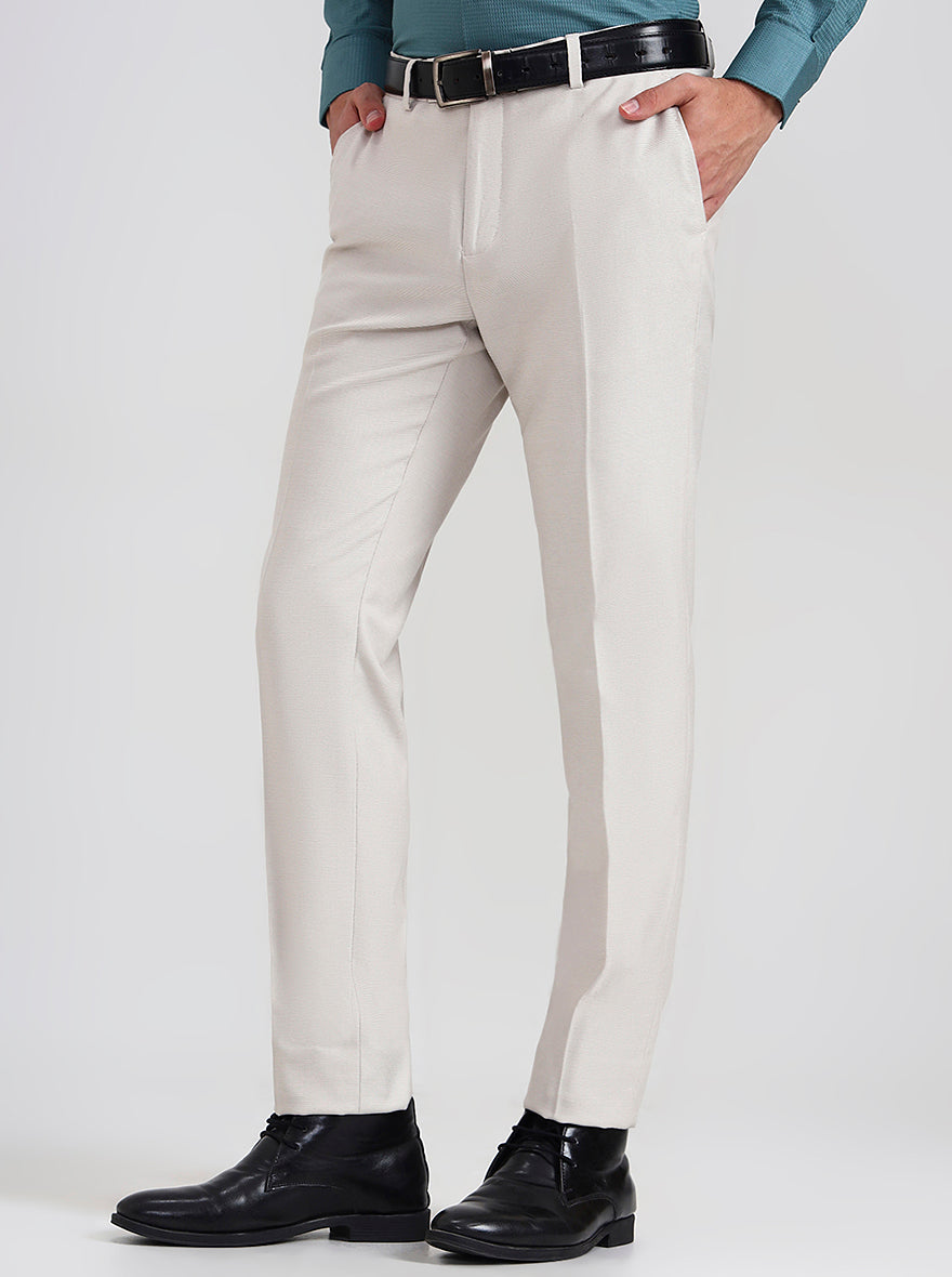 Cream Printed Slim Fit Formal Trouser | Greenfibre