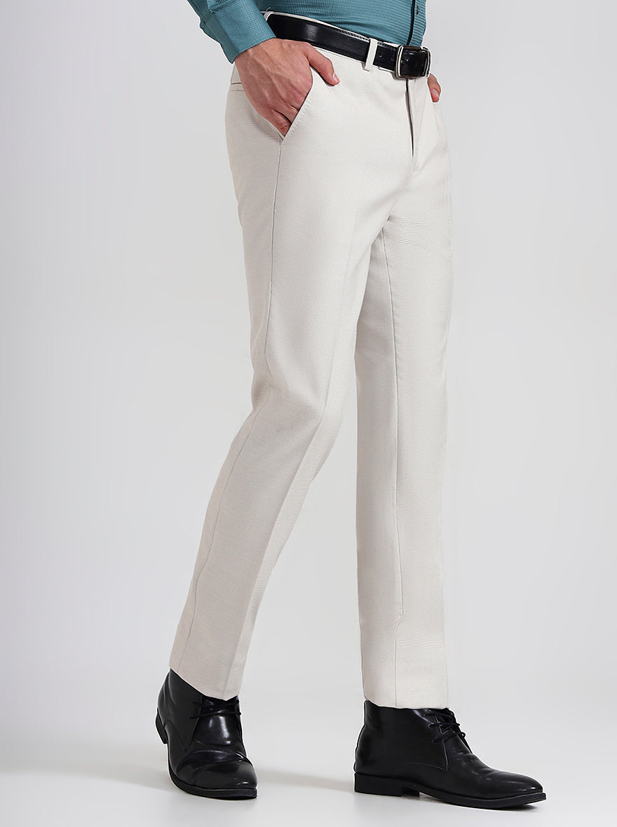 Cream Printed Slim Fit Formal Trouser | Greenfibre