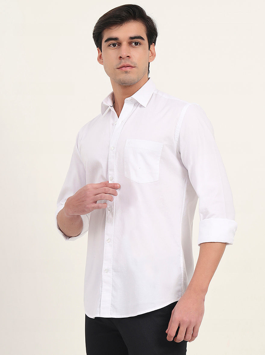 White Solid Slim Fit Semi Casual Shirt | Greenfibre