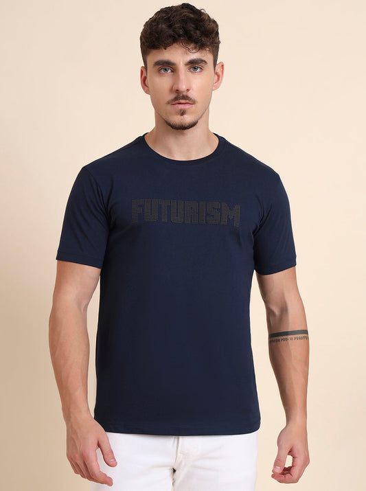 Navy Blue Printed Slim Fit T-Shirt | Greenfibre
