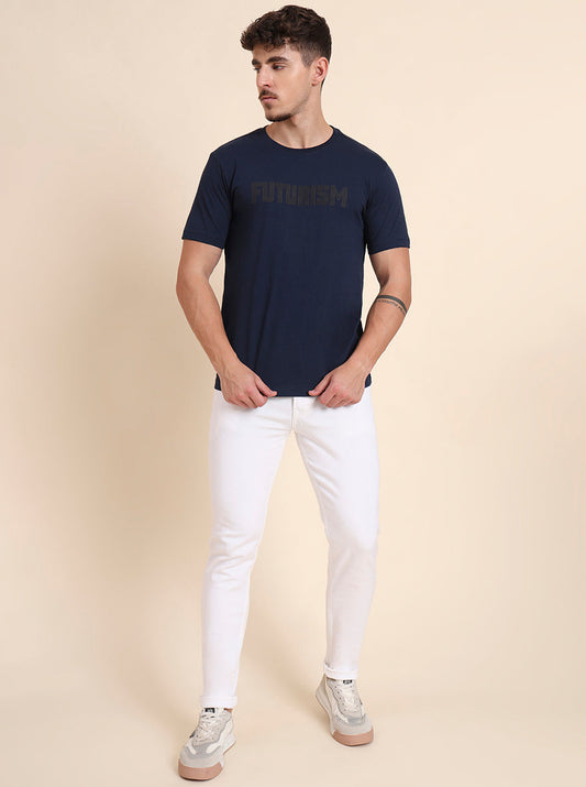 Navy Blue Printed Slim Fit T-Shirt | Greenfibre