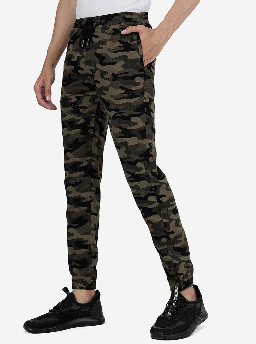 Olive Camo Printed Slim Fit Track Pant | Greenfibre