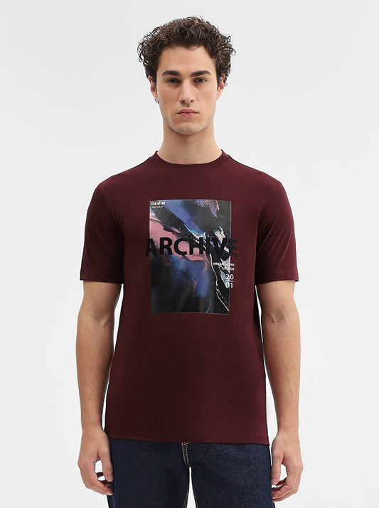 Maroon Printed Slim Fit T-Shirt | Greenfibre