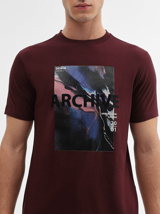 Maroon Printed Slim Fit T-Shirt | Greenfibre