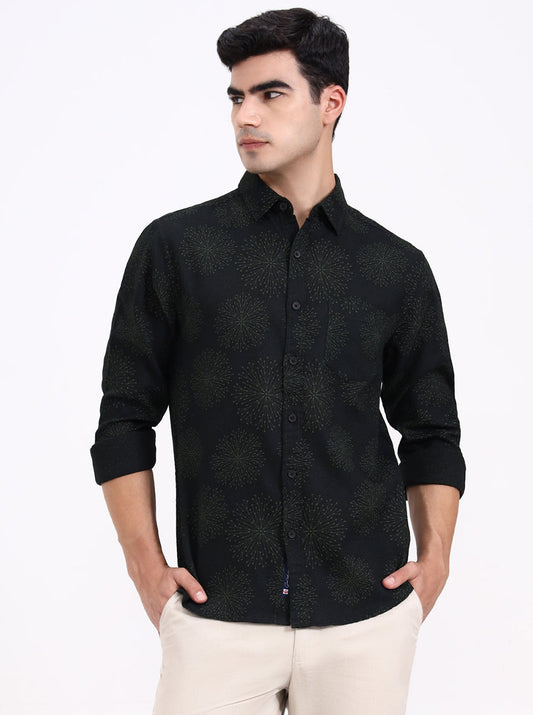 Olive Green Printed Slim Fit Casual Shirt | Greenfibre