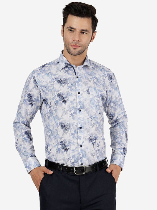 Blue Printed Slim Fit Party Wear Shirt | Greenfibre