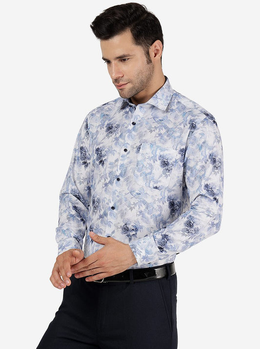 Blue Printed Slim Fit Party Wear Shirt | Greenfibre