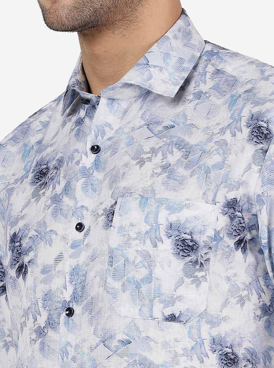 Blue Printed Slim Fit Party Wear Shirt | Greenfibre