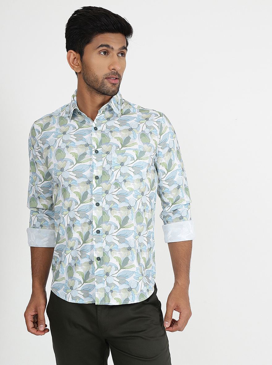 Light Blue Printed Slim Fit Casual Shirt | Greenfibre