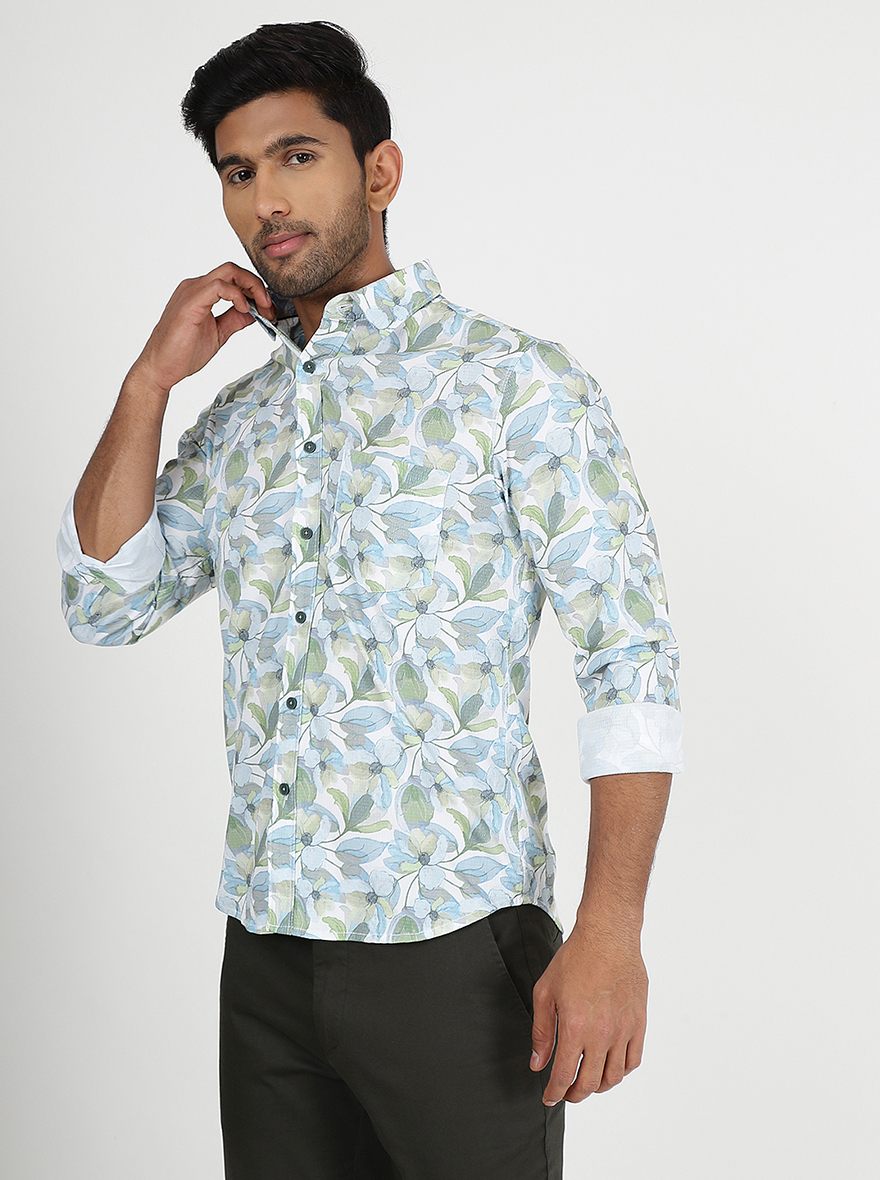 Light Blue Printed Slim Fit Casual Shirt | Greenfibre