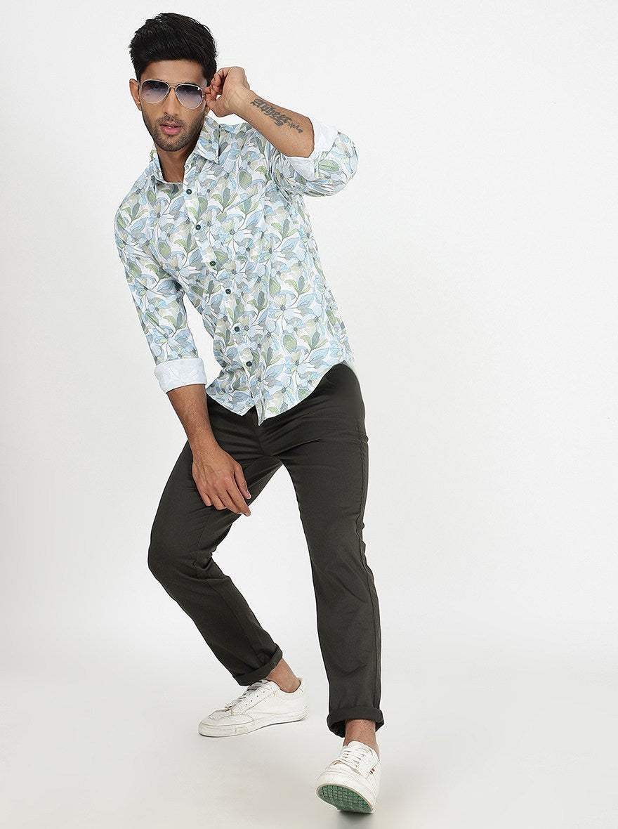 Light Blue Printed Slim Fit Casual Shirt | Greenfibre