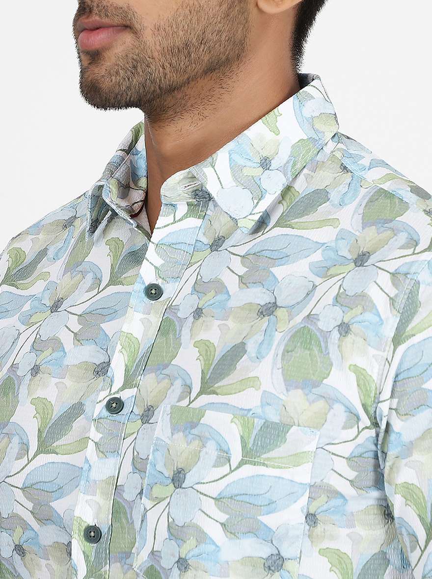 Light Blue Printed Slim Fit Casual Shirt | Greenfibre