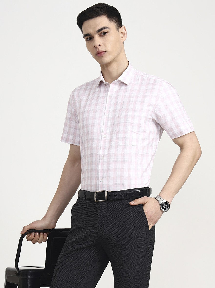 White & Pink Checked Regular Fit Formal Shirt | Greenfibre