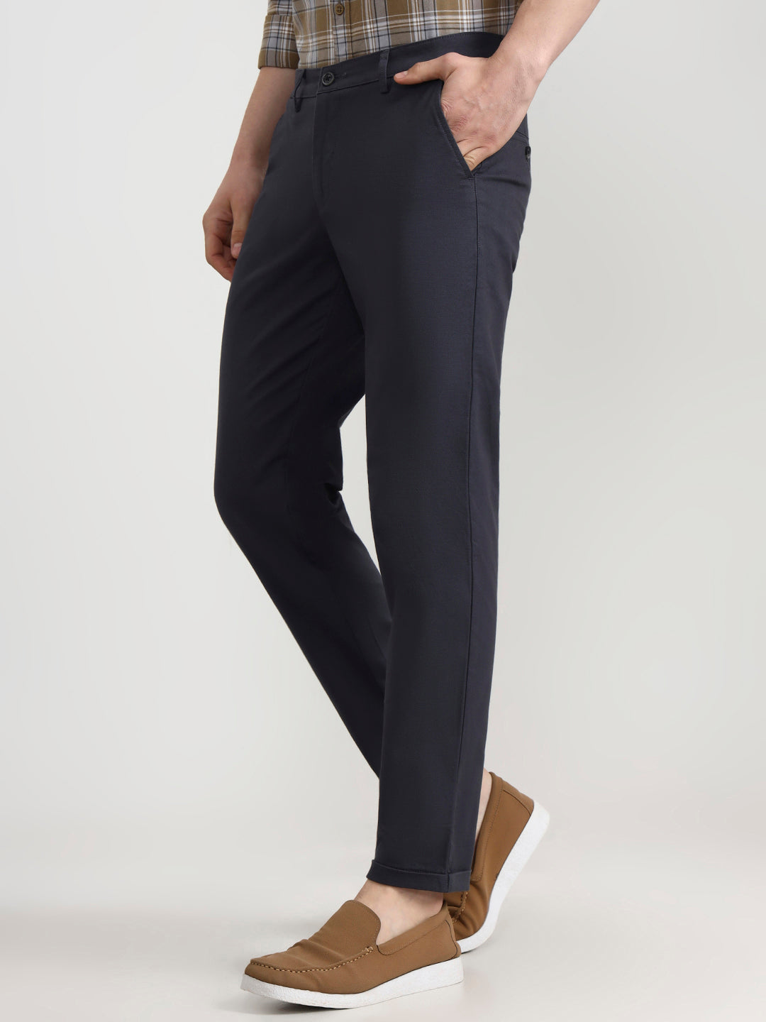 Dark Grey Solid Neo Fit Casual Trouser | Greenfibre