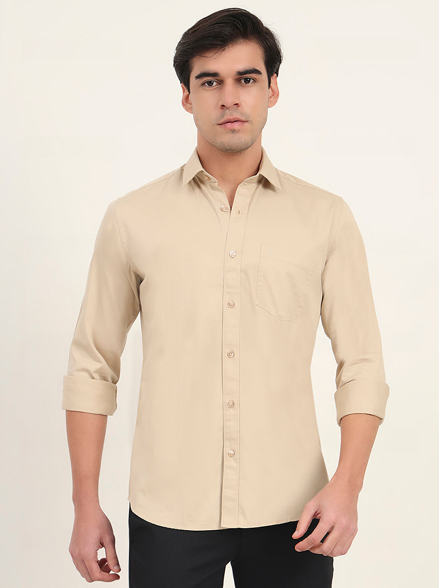 Beige Solid Slim Fit Semi Casual Shirt | Greenfibre