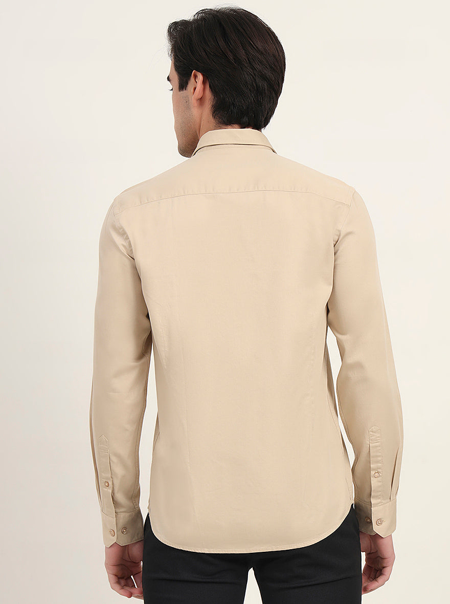 Beige Solid Slim Fit Semi Casual Shirt | Greenfibre