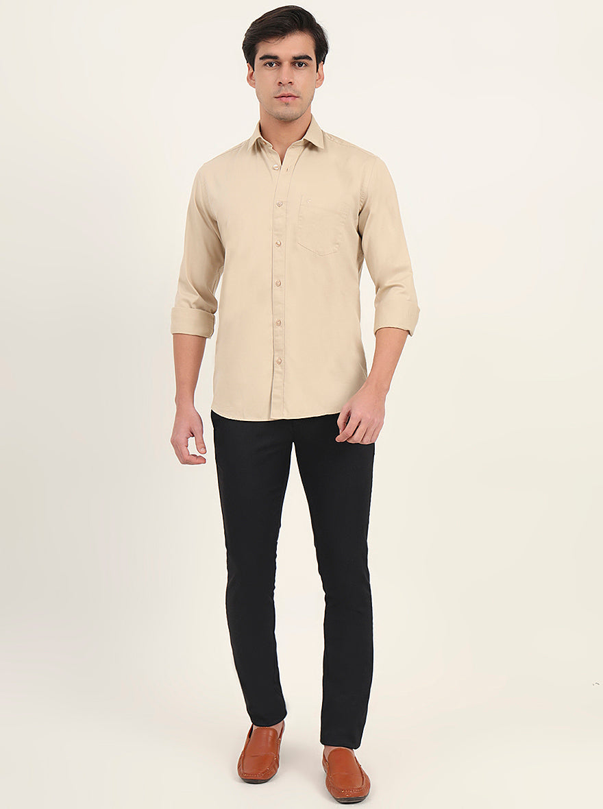 Beige Solid Slim Fit Semi Casual Shirt | Greenfibre
