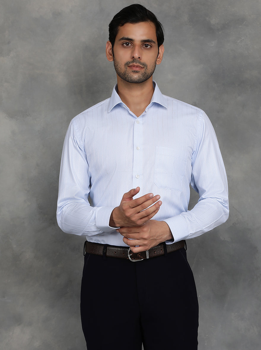 Sky Blue Striped Slim Fit Formal Shirt | GreenFibre