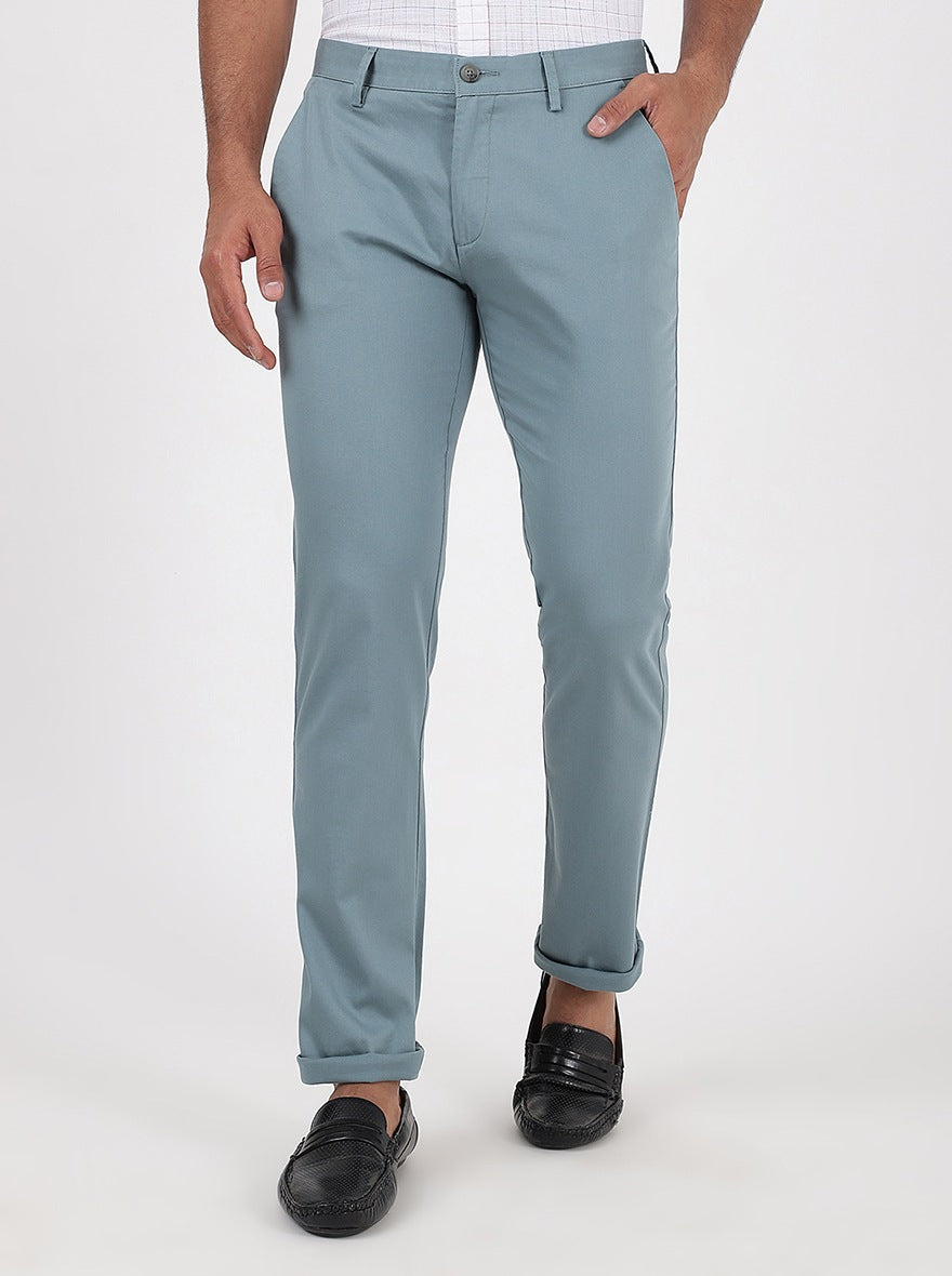 Light Blue Solid Super Slim Fit Casual Trouser | Greenfibre
