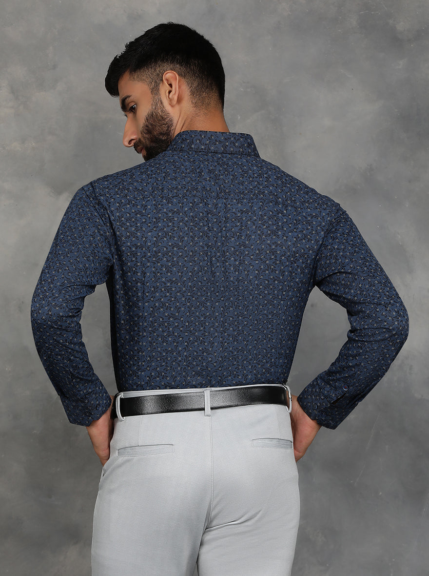 Navy Blue Printed Slim Fit Formal Shirt | GreenFibre