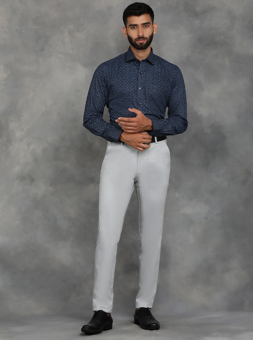 Navy Blue Printed Slim Fit Formal Shirt | GreenFibre