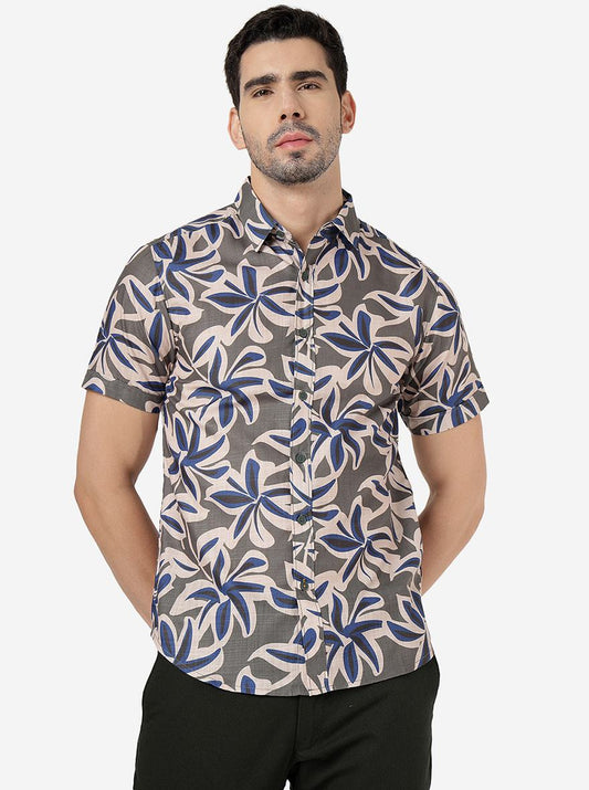 Silver Grey Printed Slim Fit Casual Shirt | Greenfibre