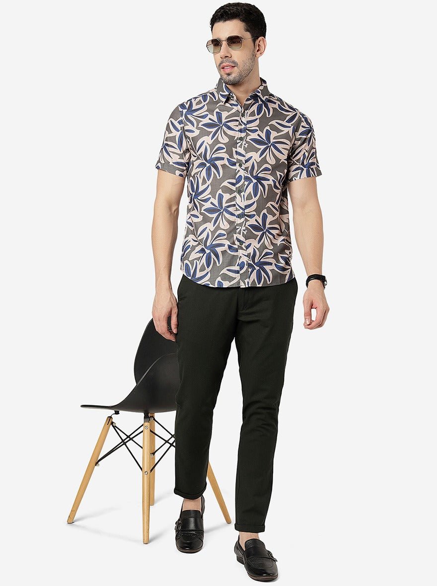 Silver Grey Printed Slim Fit Casual Shirt | Greenfibre