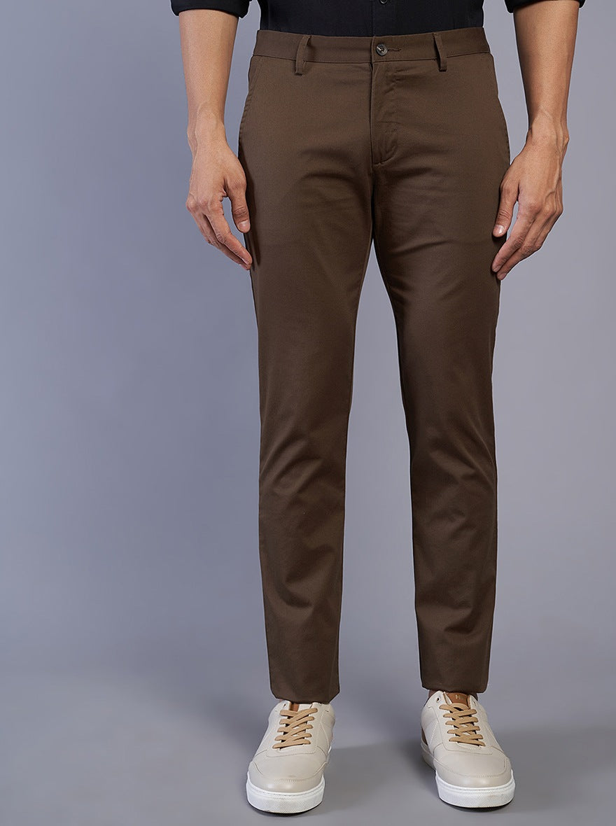 Brown Solid Super Slim Fit Casual Trouser | Greenfibre