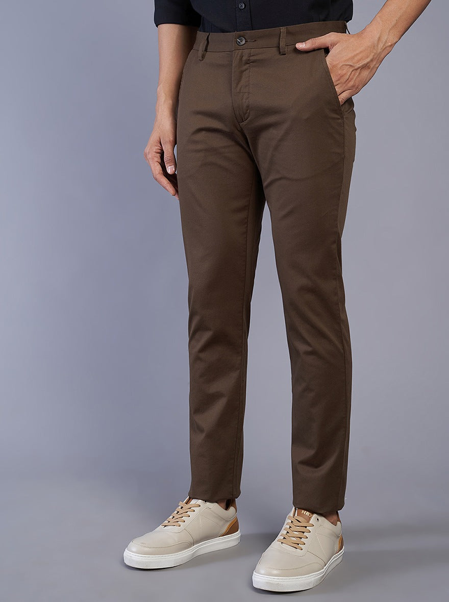 Brown Solid Super Slim Fit Casual Trouser | Greenfibre