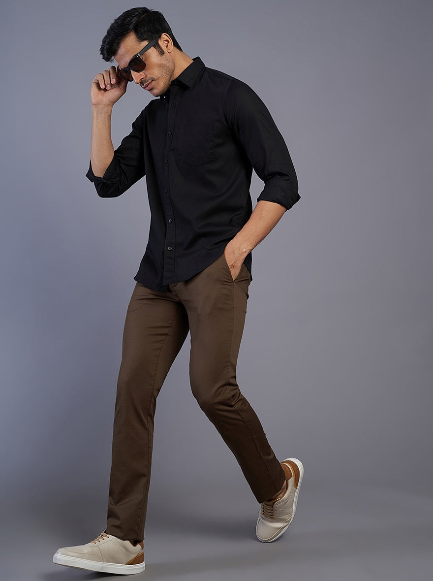 Brown Solid Super Slim Fit Casual Trouser | Greenfibre