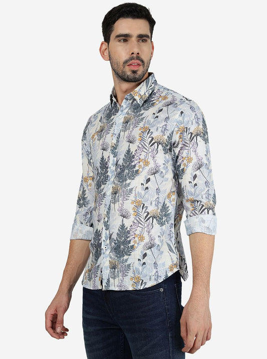 Off White Printed Slim Fit Casual Shirt | Greenfibre