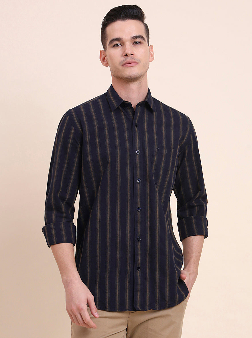 Navy Blue Striped Smart Fit Semi Casual Shirt | Greenfibre