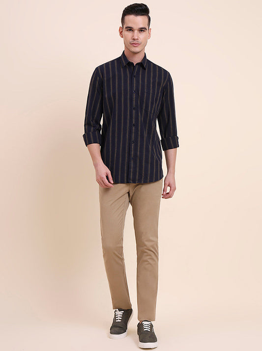 Navy Blue Striped Smart Fit Semi Casual Shirt | Greenfibre