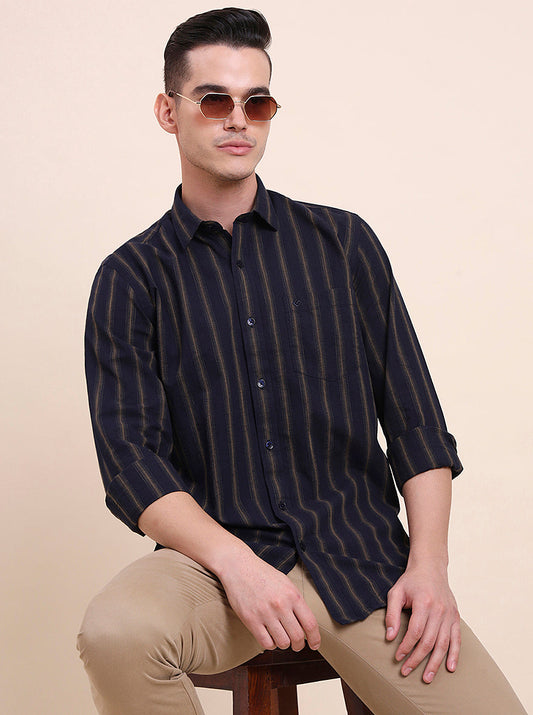 Navy Blue Striped Smart Fit Semi Casual Shirt | Greenfibre