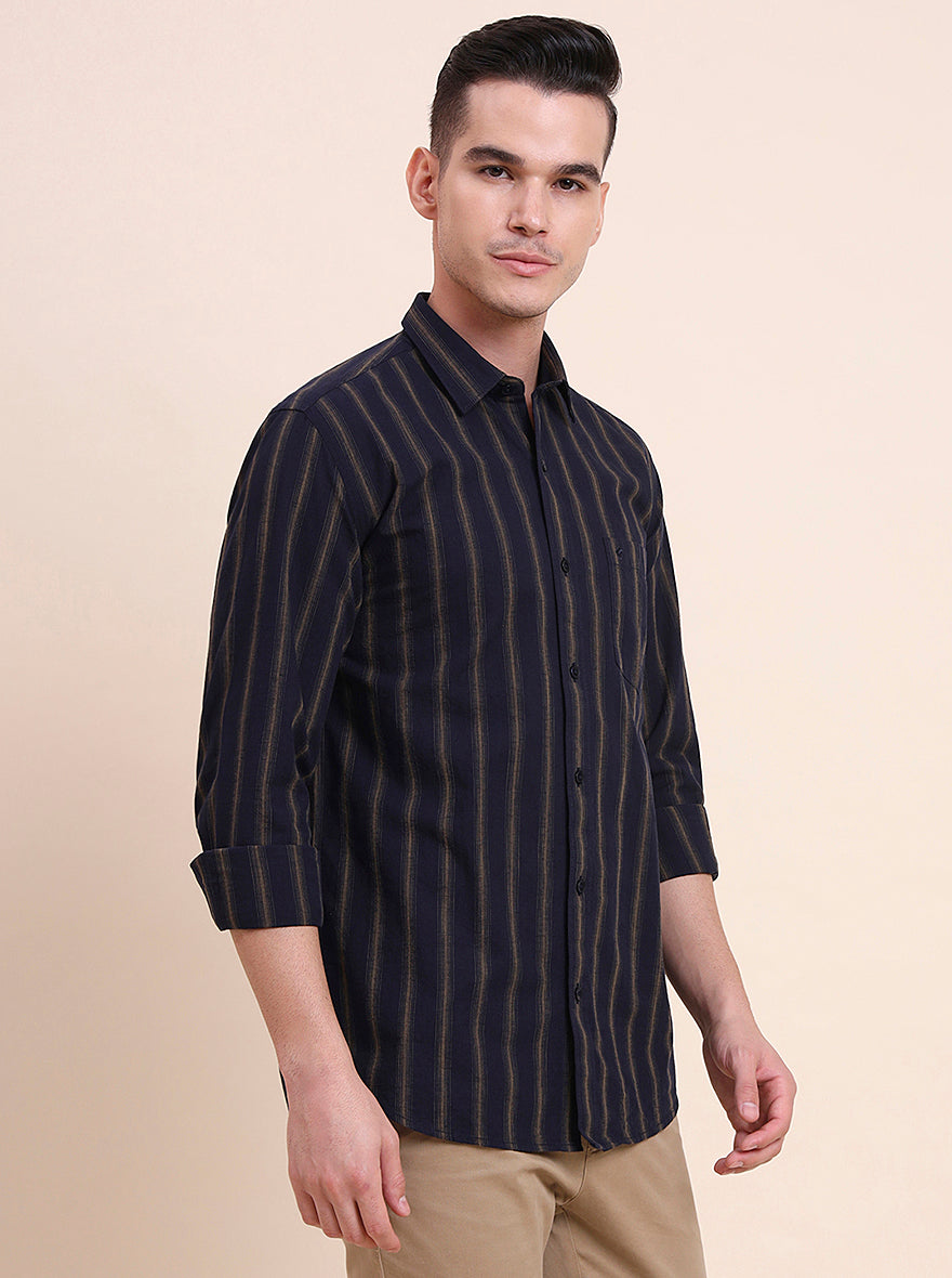 Navy Blue Striped Smart Fit Semi Casual Shirt | Greenfibre