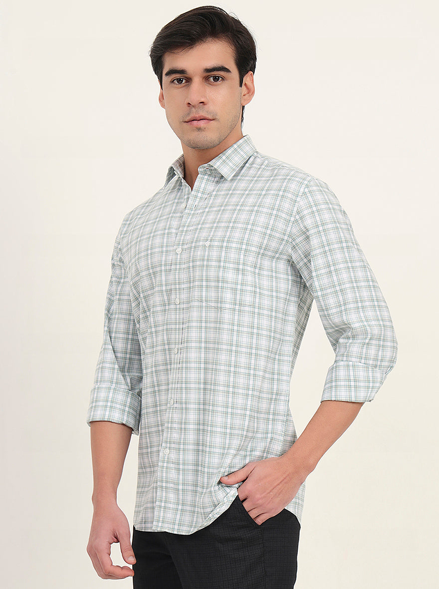 Green Checked Slim Fit Semi Casual Shirt | Greenfibre