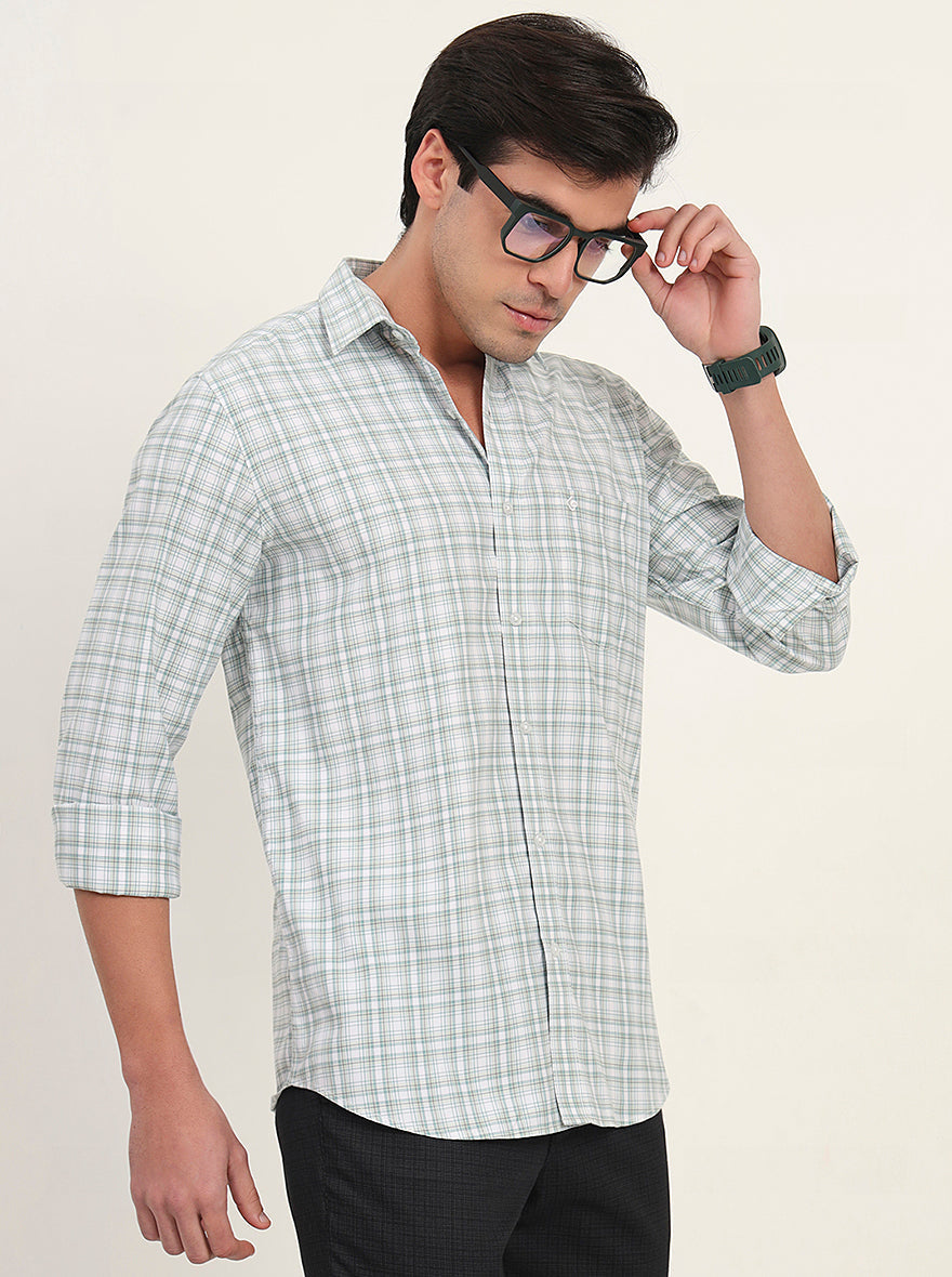 Green Checked Slim Fit Semi Casual Shirt | Greenfibre