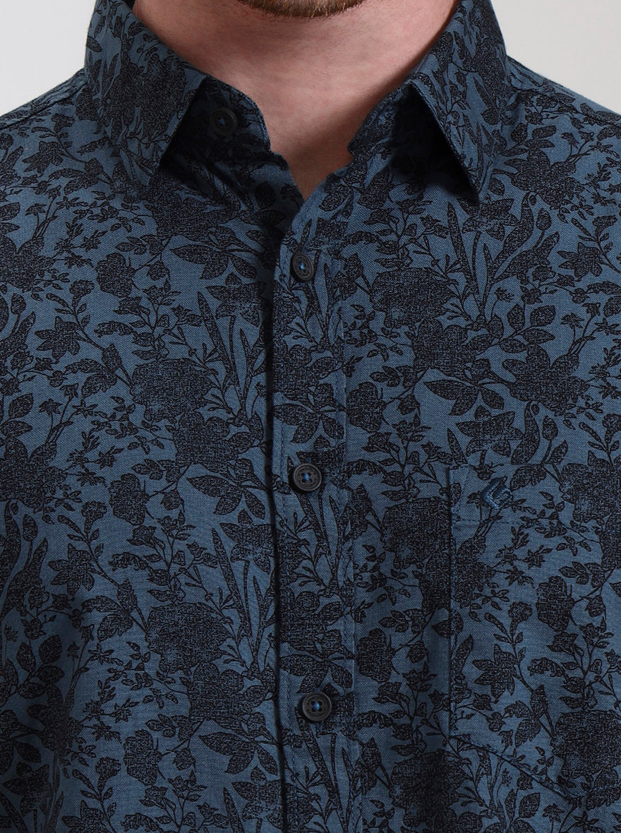 Medium Blue Printed Slim Fit Casual Shirt | Greenfibre