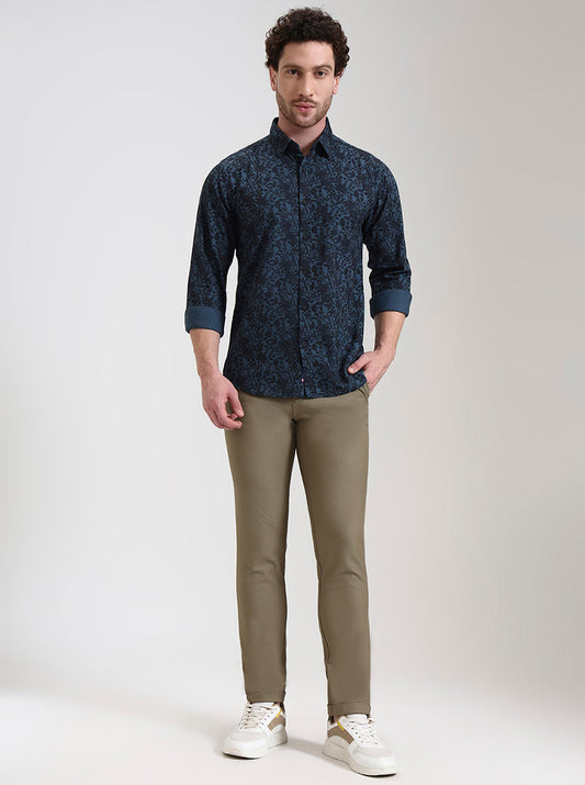 Medium Blue Printed Slim Fit Casual Shirt | Greenfibre