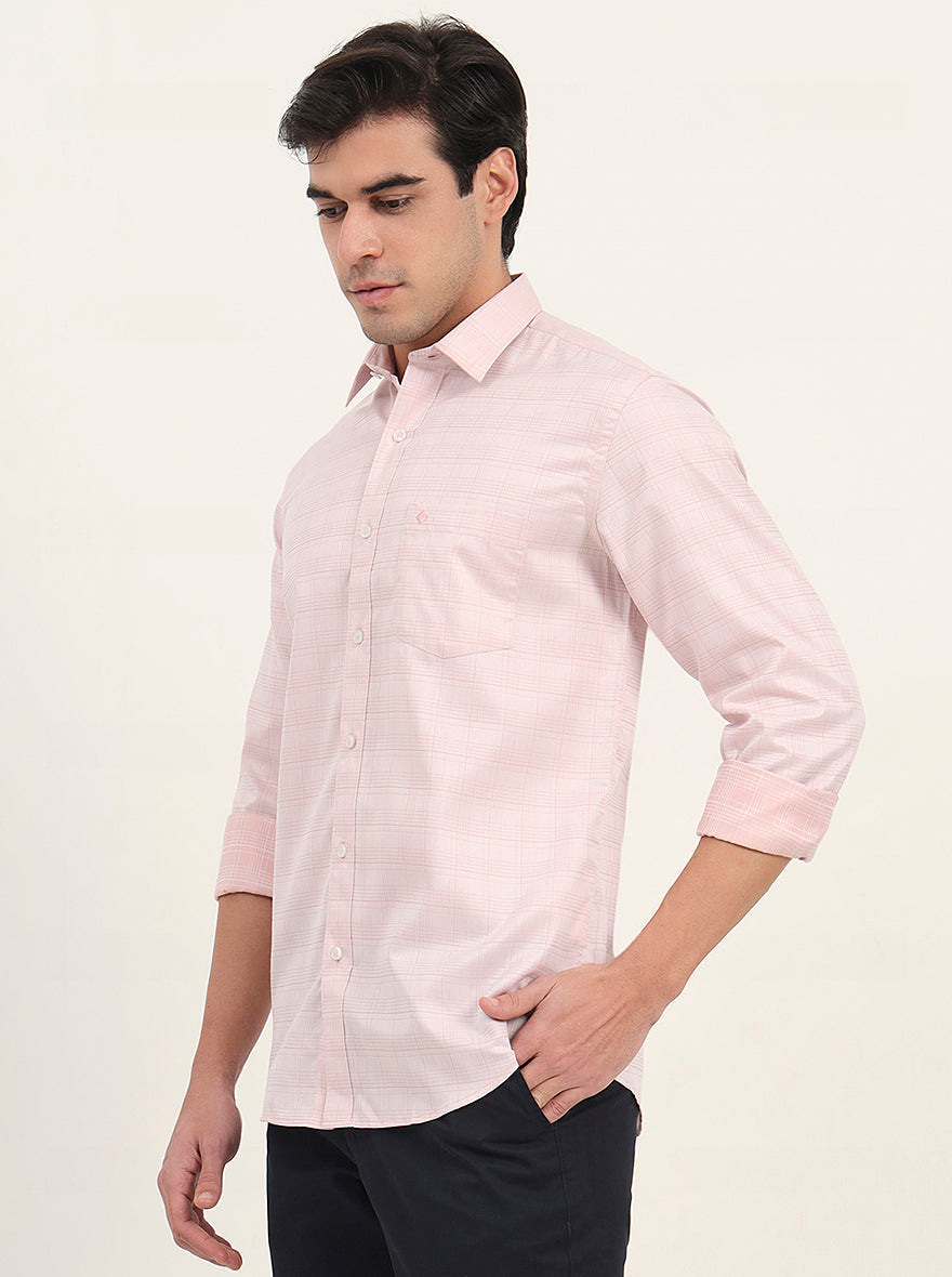 Light Orange Checked Slim Fit Semi Casual Shirt | Greenfibre