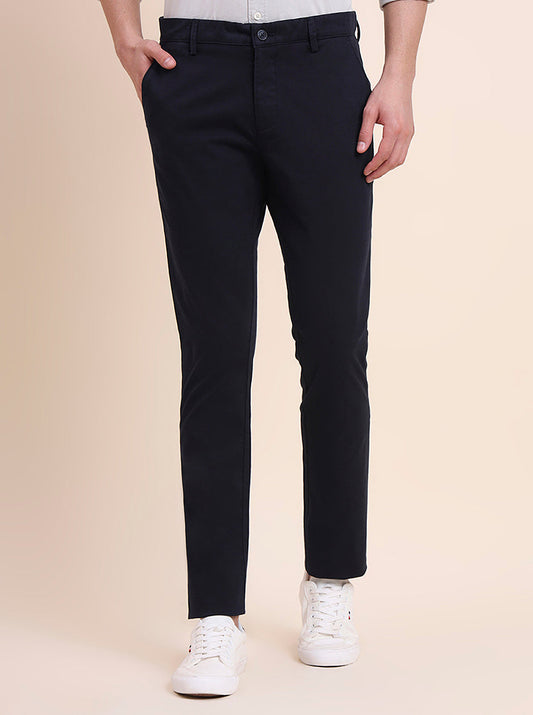 Navy Blue Printed Super Slim Fit Casual Trouser | Greenfibre