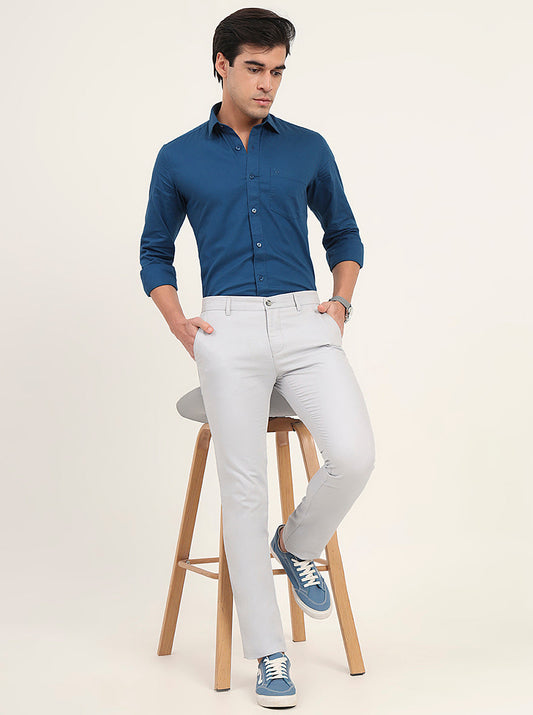 Sky Blue Solid Super Slim Casual Trouser | Greenfibre