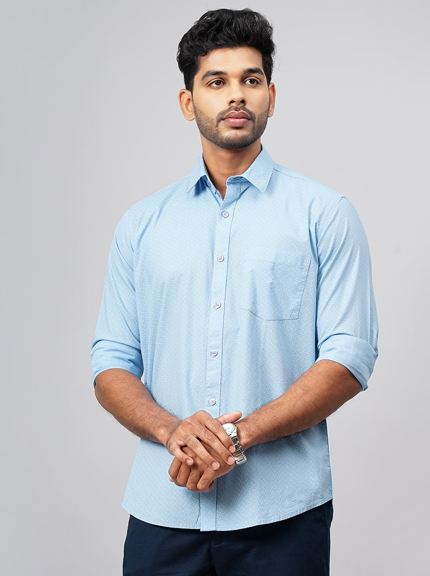 Light Blue Printed Smart Fit Semi Casual Shirt | Greenfibre