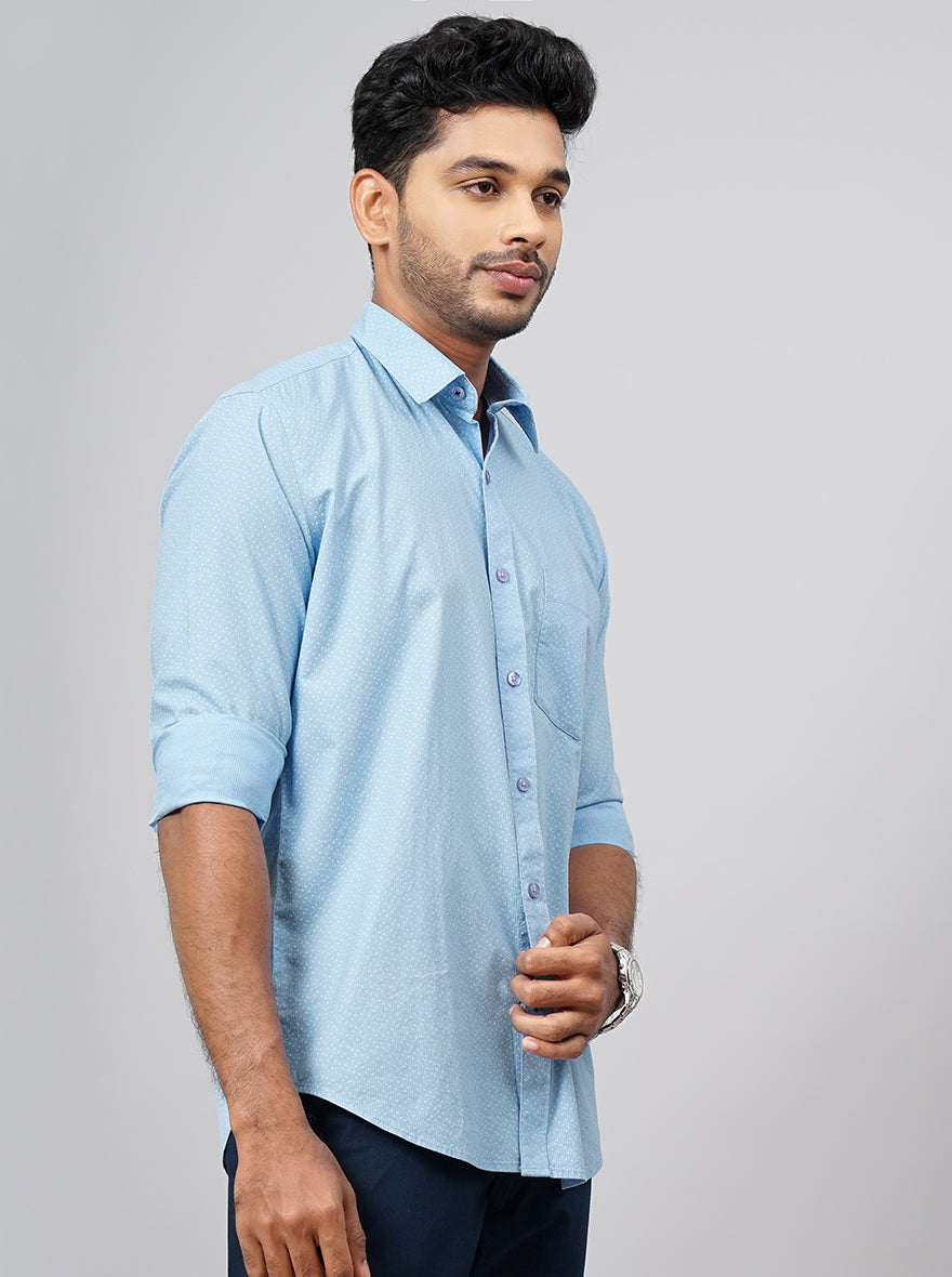 Light Blue Printed Smart Fit Semi Casual Shirt | Greenfibre