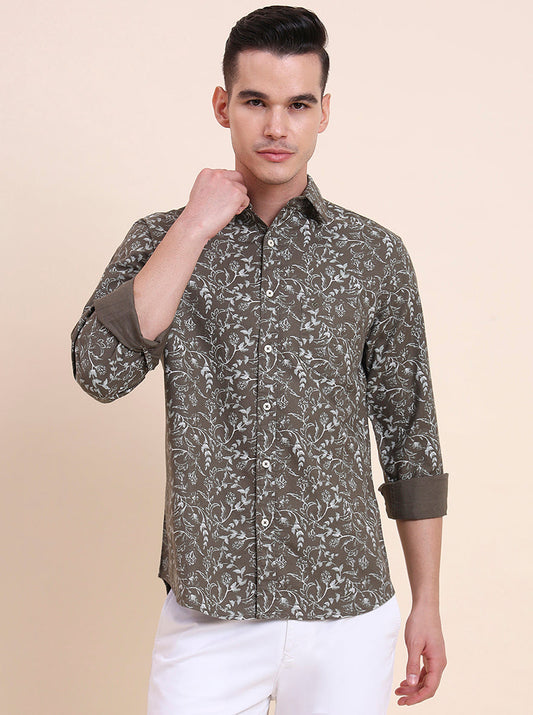 Olive Brown Printed Slim Fit Casual Shirt | Greenfibre