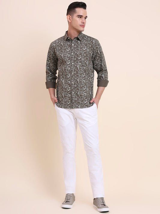 Olive Brown Printed Slim Fit Casual Shirt | Greenfibre