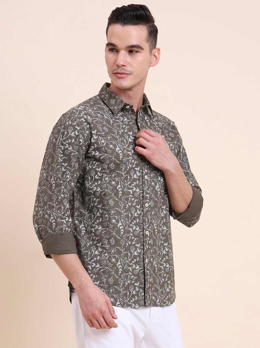 Olive Brown Printed Slim Fit Casual Shirt | Greenfibre